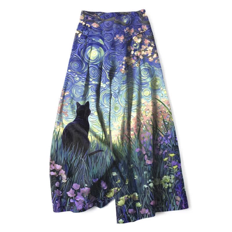Nimara Ritual Cotton Linen Enchanted Forest Black Cat Pattern Women's Elastic Waist Wide Leg Pants With Pockets
