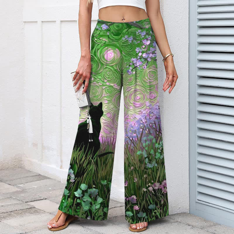 Nimara Ritual Cotton Linen Enchanted Forest Black Cat Pattern Women's Elastic Waist Wide Leg Pants With Pockets