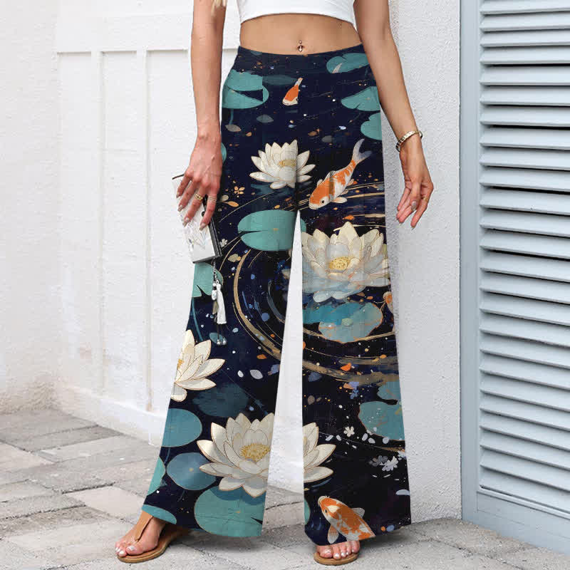 Nimara Ritual Cotton Linen Lotus Koi Fish Pattern Women's Elastic Waist Wide Leg Pants With Pockets