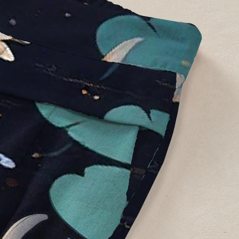 Nimara Ritual Cotton Linen Lotus Koi Fish Pattern Women's Elastic Waist Wide Leg Pants With Pockets