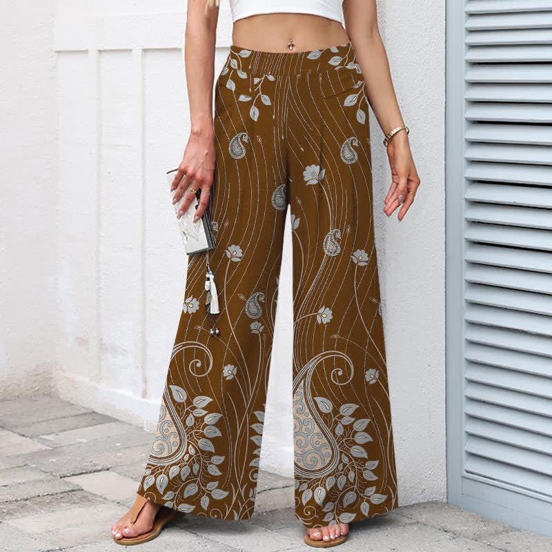 Nimara Ritual Cotton Linen Paisley Floral Lines Pattern Women's Elastic Waist Wide Leg Pants With Pockets