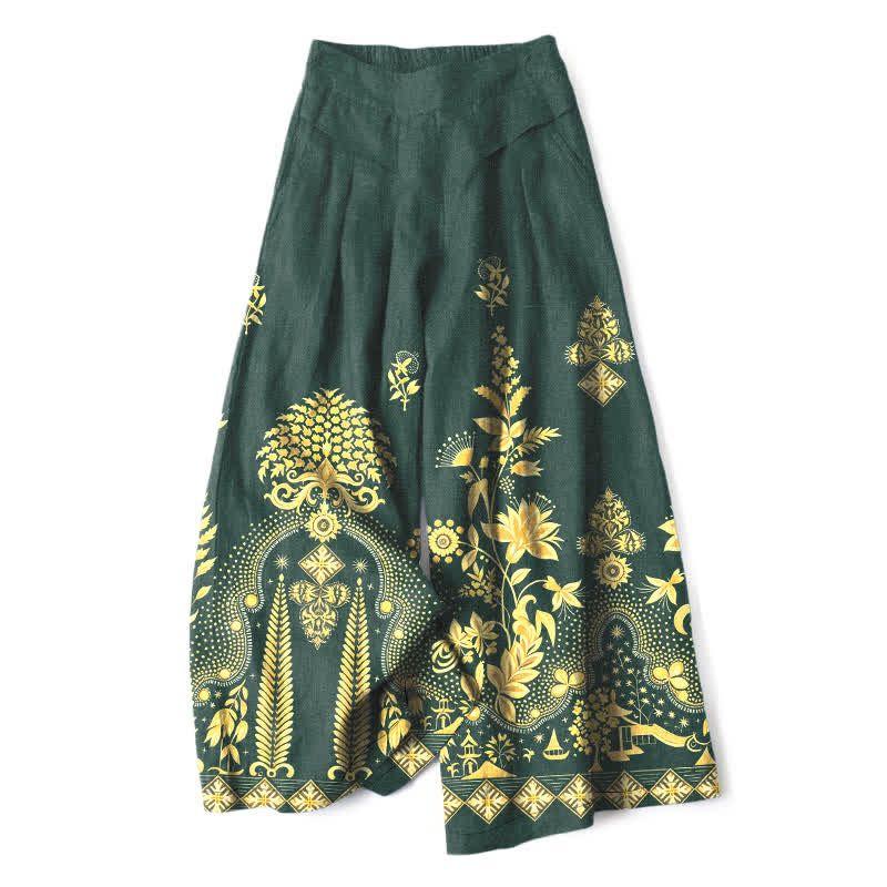 Nimara Ritual Cotton Linen Bohemian Golden Floral Pattern Women's Elastic Waist Wide Leg Pants With Pockets