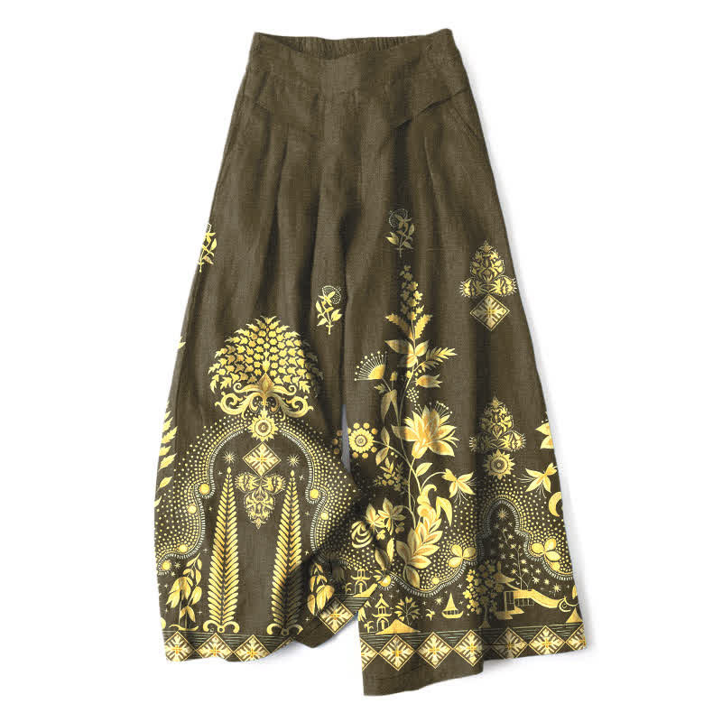 Nimara Ritual Cotton Linen Bohemian Golden Floral Pattern Women's Elastic Waist Wide Leg Pants With Pockets