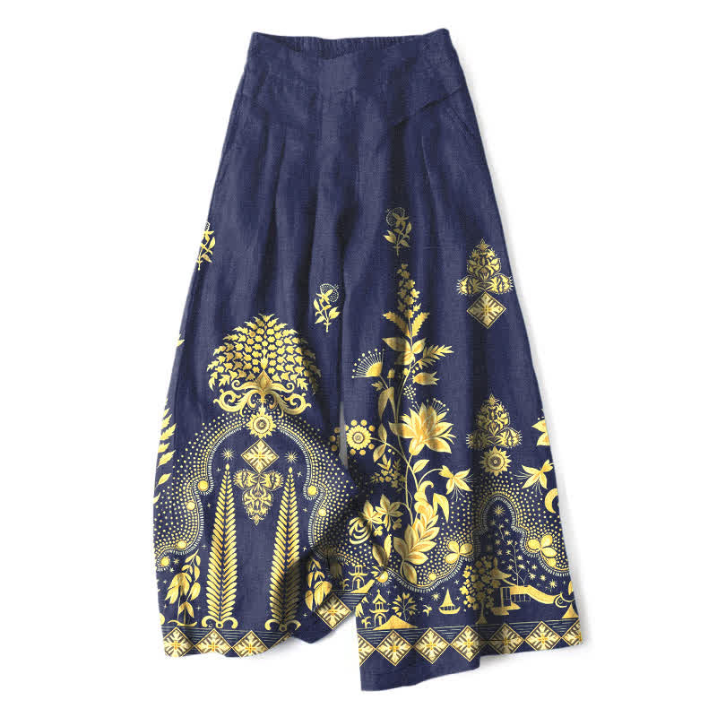 Nimara Ritual Cotton Linen Bohemian Golden Floral Pattern Women's Elastic Waist Wide Leg Pants With Pockets
