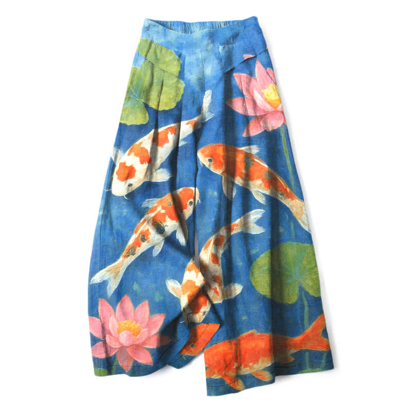 Nimara Ritual Cotton Linen Red White Koi Fish Pink Lotus Pattern Women's Elastic Waist Wide Leg Pants With Pockets