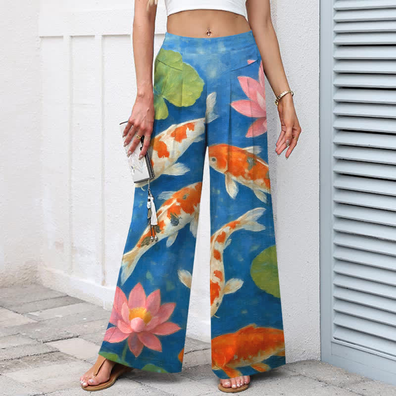 Nimara Ritual Cotton Linen Red White Koi Fish Pink Lotus Pattern Women's Elastic Waist Wide Leg Pants With Pockets