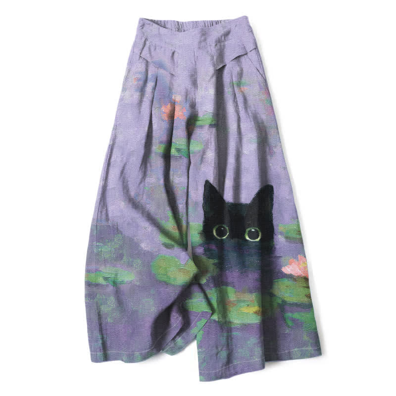 Nimara Ritual Cotton Linen Playful Black Cat Lotus Pond Pattern Women's Elastic Waist Wide Leg Pants With Pockets