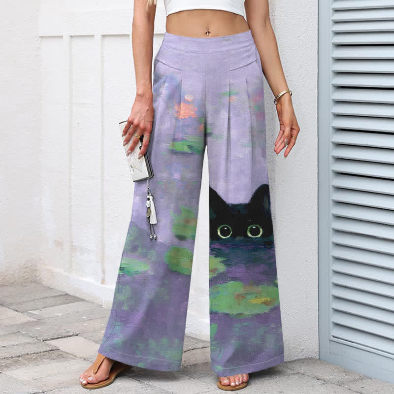 Nimara Ritual Cotton Linen Playful Black Cat Lotus Pond Pattern Women's Elastic Waist Wide Leg Pants With Pockets