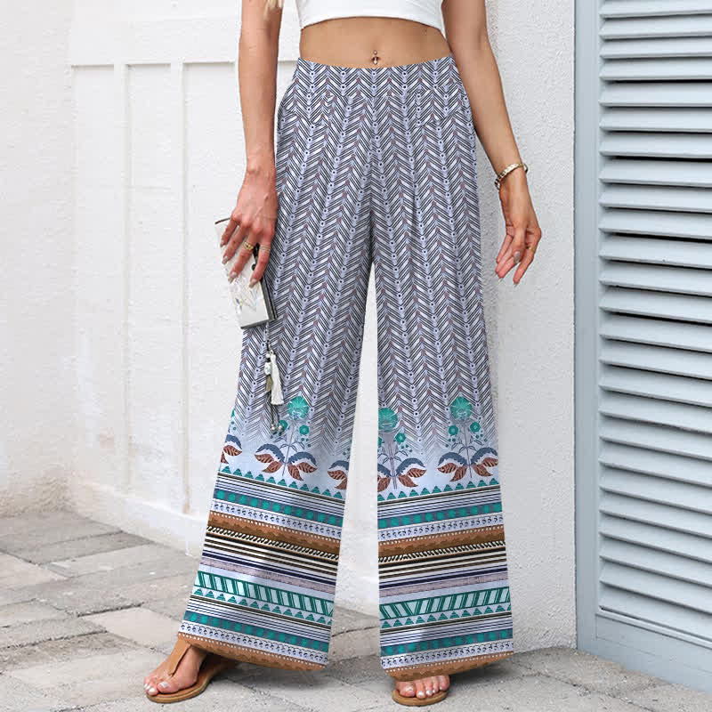 Nimara Ritual Cotton Linen Bohemian Geometric Zigzag Pattern Women's Elastic Waist Wide Leg Pants With Pockets