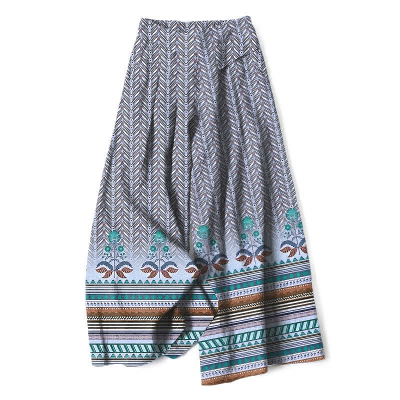 Nimara Ritual Cotton Linen Bohemian Geometric Zigzag Pattern Women's Elastic Waist Wide Leg Pants With Pockets