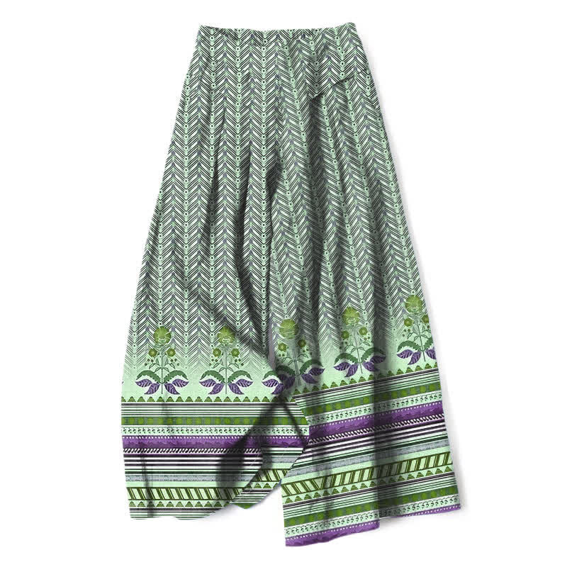 Nimara Ritual Cotton Linen Bohemian Geometric Zigzag Pattern Women's Elastic Waist Wide Leg Pants With Pockets