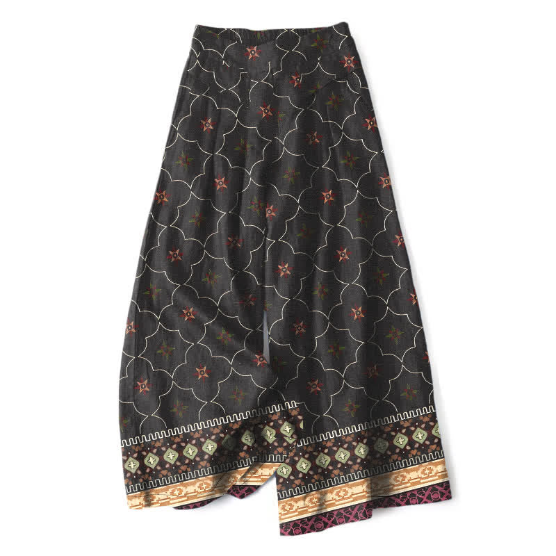 Nimara Ritual Cotton Linen Bohemian Geometric Floral Lines Pattern Women's Elastic Waist Wide Leg Pants With Pockets