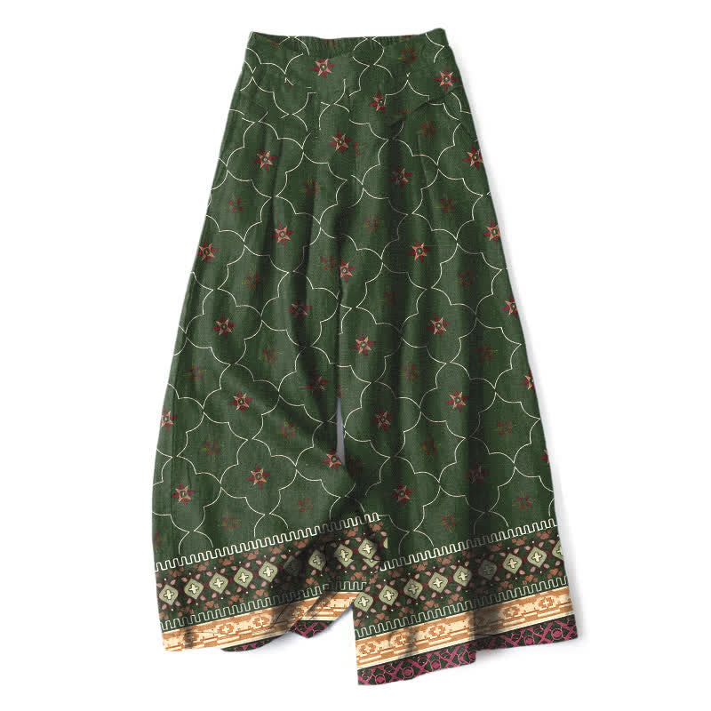 Nimara Ritual Cotton Linen Bohemian Geometric Floral Lines Pattern Women's Elastic Waist Wide Leg Pants With Pockets