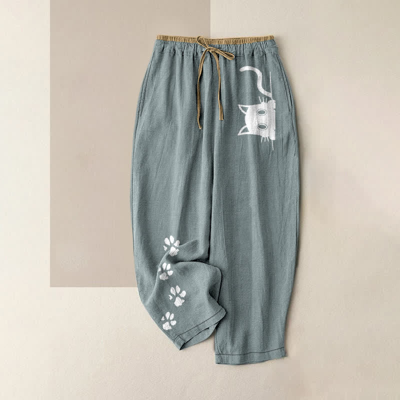 Nimara Ritual Pure Cotton Cute Cat Paw Print Pattern Women's Elastic Waist Pants With Pockets