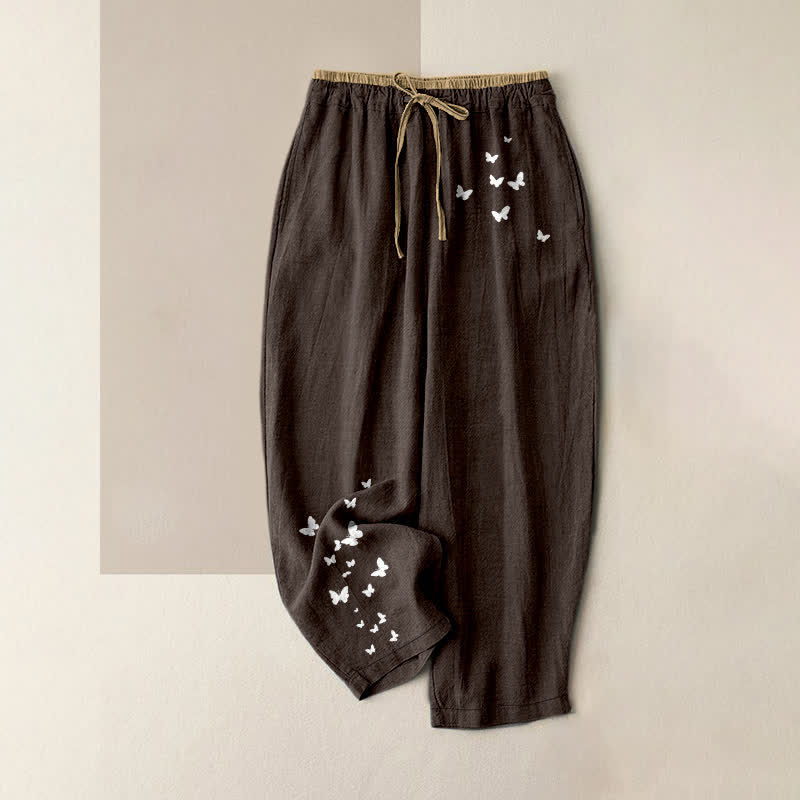 Nimara Ritual Pure Cotton White Butterfly Pattern Women's Elastic Waist Pants With Pockets