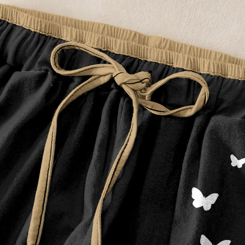 Nimara Ritual Pure Cotton White Butterfly Pattern Women's Elastic Waist Pants With Pockets