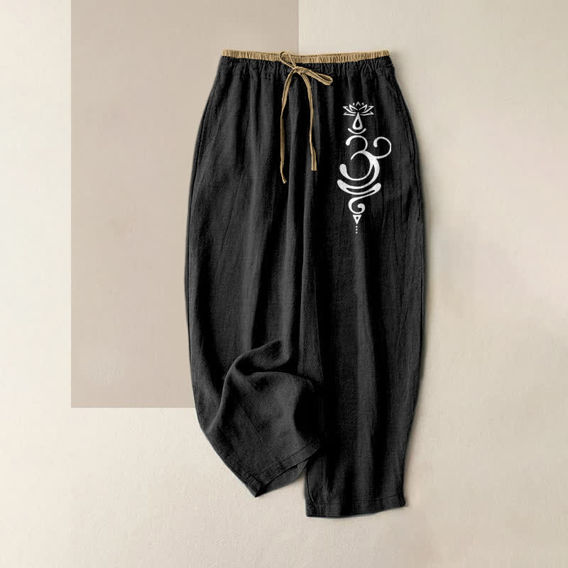 Nimara Ritual Pure Cotton Sacred Om Lotus Pattern Women's Elastic Waist Pants With Pockets