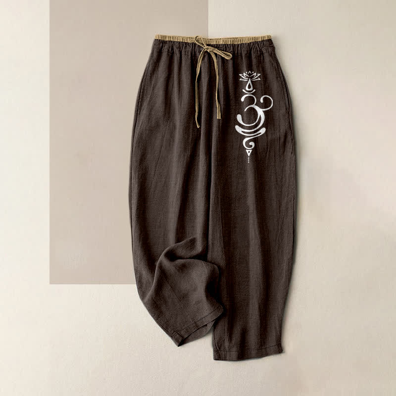 Nimara Ritual Pure Cotton Sacred Om Lotus Pattern Women's Elastic Waist Pants With Pockets