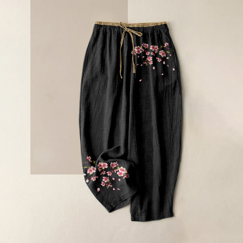 Nimara Ritual Pure Cotton Pink Blossom Pattern Women's Elastic Waist Pants With Pockets