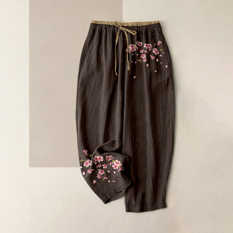 Nimara Ritual Pure Cotton Pink Blossom Pattern Women's Elastic Waist Pants With Pockets