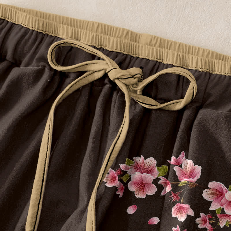 Nimara Ritual Pure Cotton Pink Blossom Pattern Women's Elastic Waist Pants With Pockets