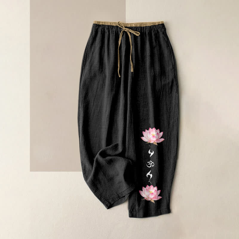 Nimara Ritual Pure Cotton Pink Lotus OM Zen Pattern Women's Elastic Waist Pants With Pockets