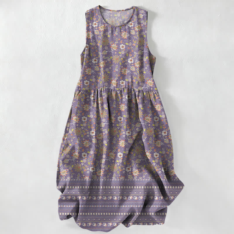 Nimara Ritual Summer Casual Vintage Floral Leaves Stripe Pattern Women's Summer Sleeveless Midi Dress With Pockets