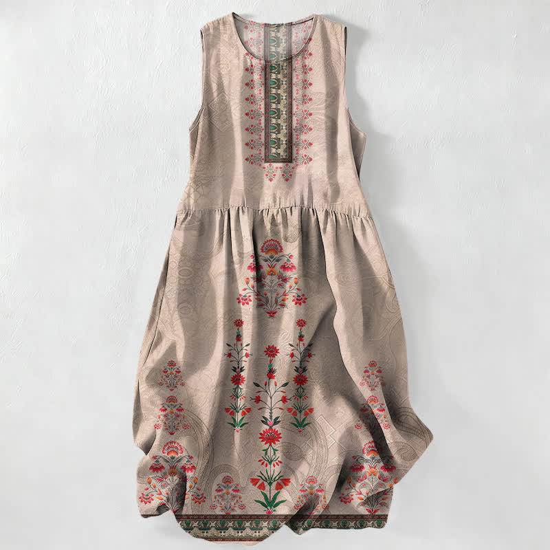 Nimara Ritual Summer Casual Vintage Geometry Small Red Floral Pattern Women's Summer Sleeveless Midi Dress With Pockets