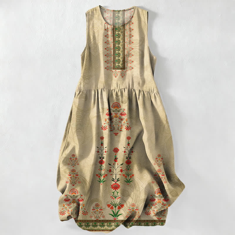 Nimara Ritual Summer Casual Vintage Geometry Small Red Floral Pattern Women's Summer Sleeveless Midi Dress With Pockets