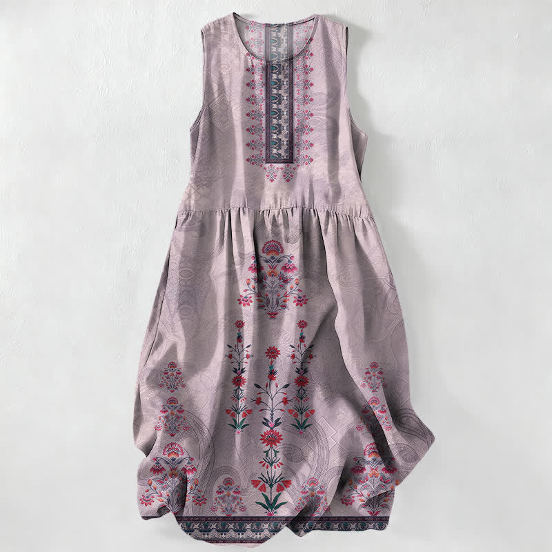 Nimara Ritual Summer Casual Vintage Geometry Small Red Floral Pattern Women's Summer Sleeveless Midi Dress With Pockets