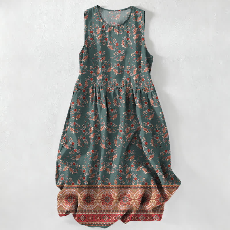 Nimara Ritual Summer Casual Vintage Floral Border Pattern Women's Summer Sleeveless Midi Dress With Pockets