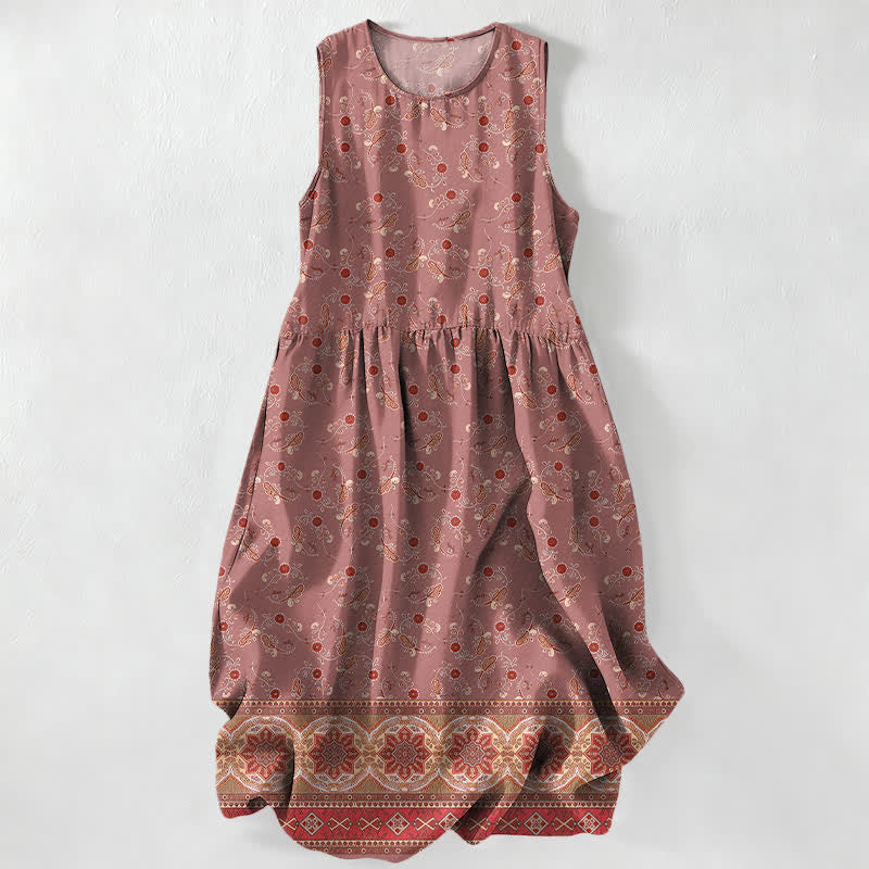 Nimara Ritual Summer Casual Vintage Floral Border Pattern Women's Summer Sleeveless Midi Dress With Pockets