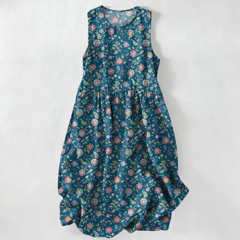 Nimara Ritual Summer Casual Vintage Wildflower Leaves Pattern Women's Summer Sleeveless Midi Dress With Pockets