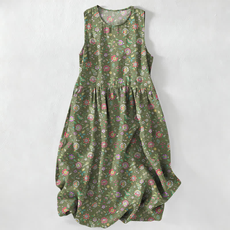 Nimara Ritual Summer Casual Vintage Wildflower Leaves Pattern Women's Summer Sleeveless Midi Dress With Pockets