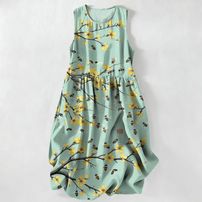 Nimara Ritual Summer Casual Yellow Floral Branch Pattern Women's Summer Sleeveless Midi Dress With Pockets