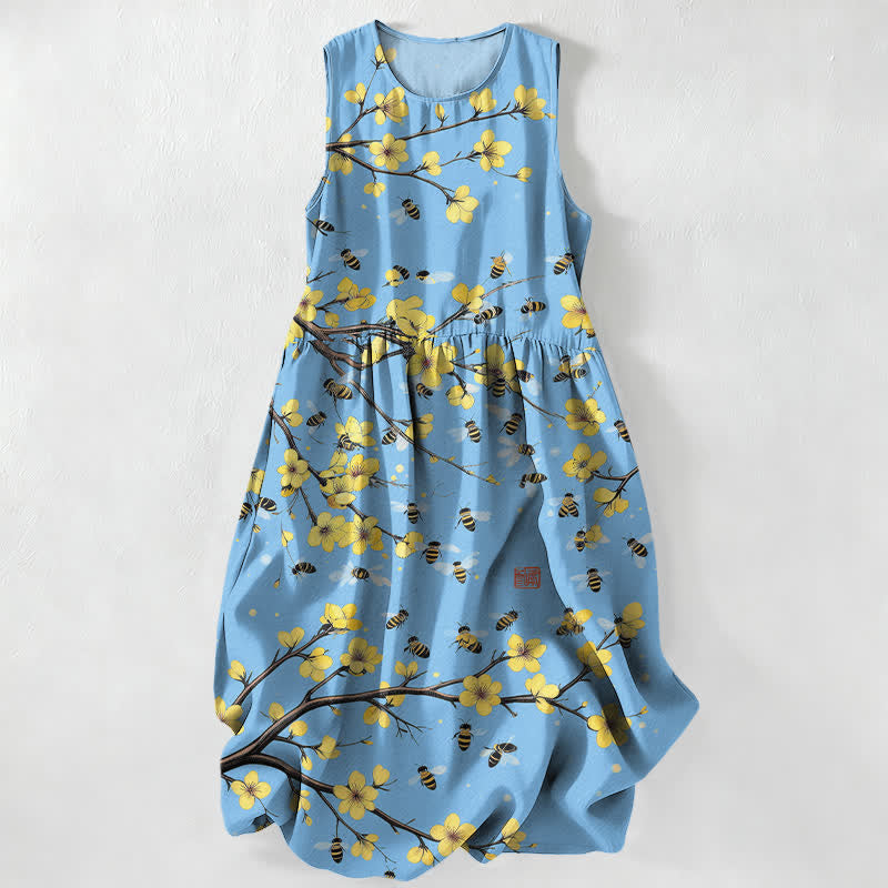 Nimara Ritual Summer Casual Yellow Floral Branch Pattern Women's Summer Sleeveless Midi Dress With Pockets