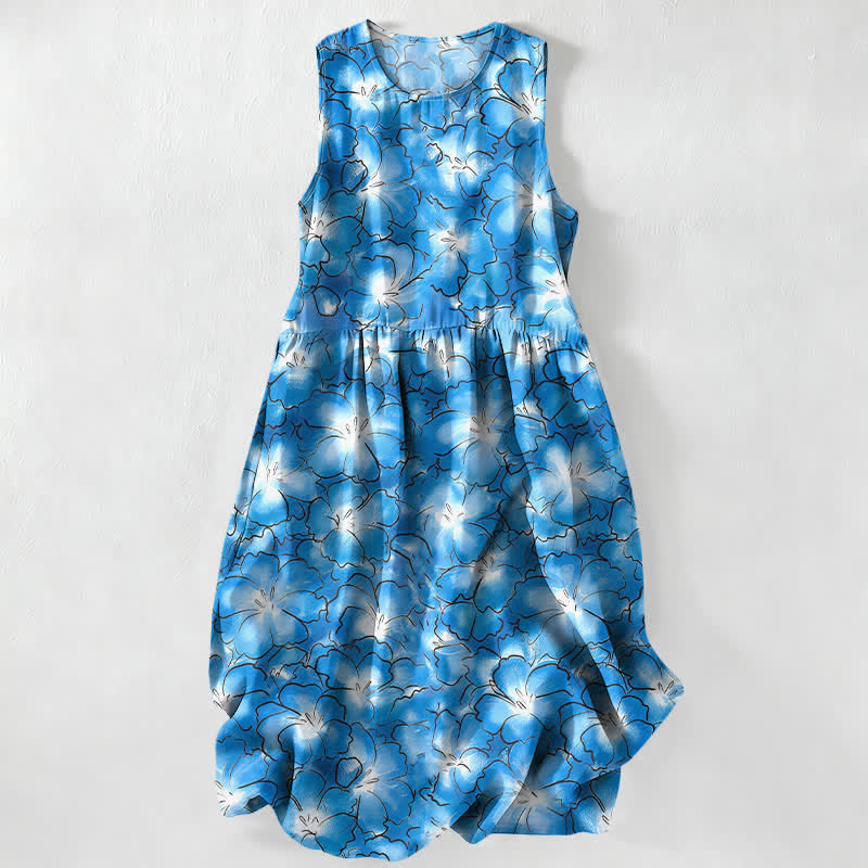 Nimara Ritual Summer Casual White Floral Petal Pattern Women's Summer Sleeveless Midi Dress With Pockets