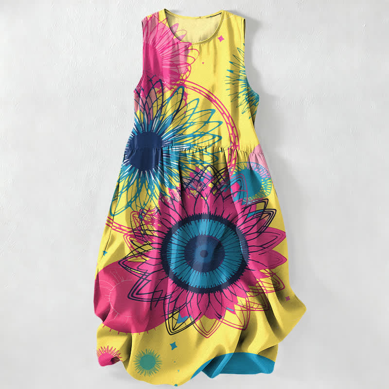 Nimara Ritual Summer Casual Radiant Big Sunflowers Floral Burst Pattern Women's Summer Sleeveless Midi Dress With Pockets