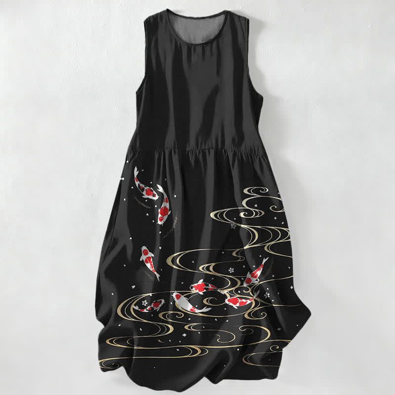 Nimara Ritual Summer Casual Koi Fish Ripple Pattern Women's Summer Sleeveless Midi Dress With Pockets