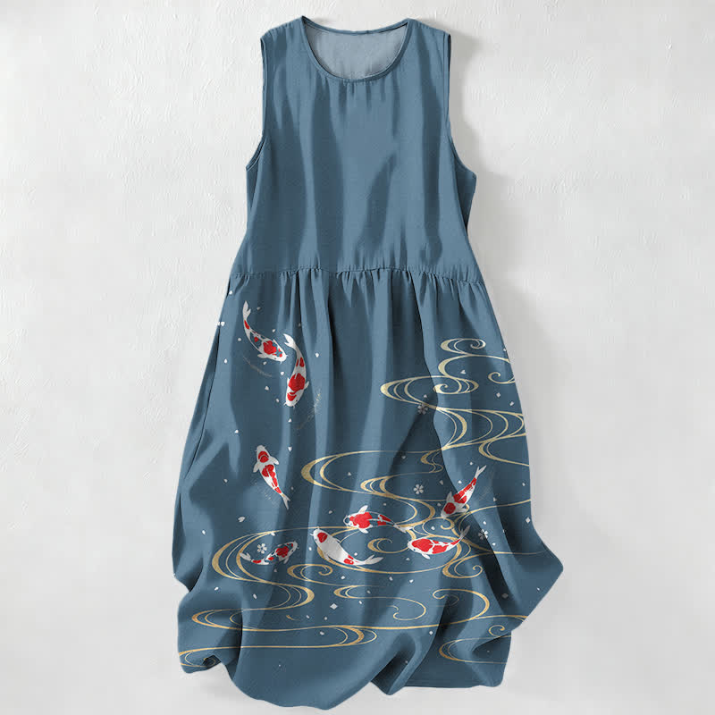 Nimara Ritual Summer Casual Koi Fish Ripple Pattern Women's Summer Sleeveless Midi Dress With Pockets