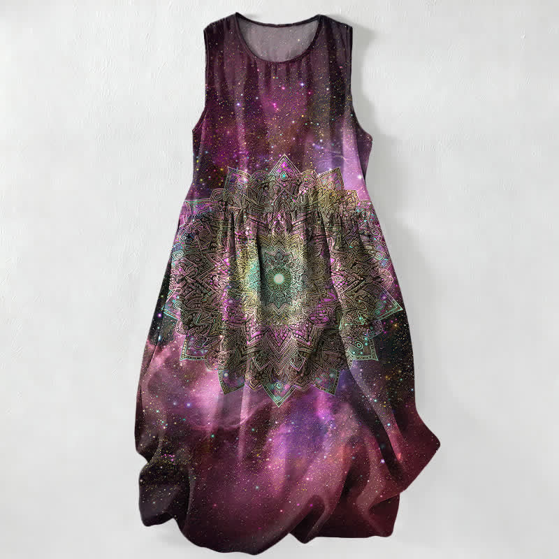 Nimara Ritual Summer Casual Cosmic Mandala Galaxy Pattern Women's Summer Sleeveless Midi Dress With Pockets