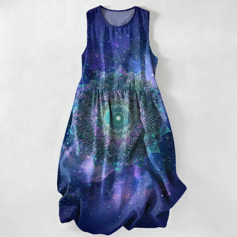 Nimara Ritual Summer Casual Cosmic Mandala Galaxy Pattern Women's Summer Sleeveless Midi Dress With Pockets