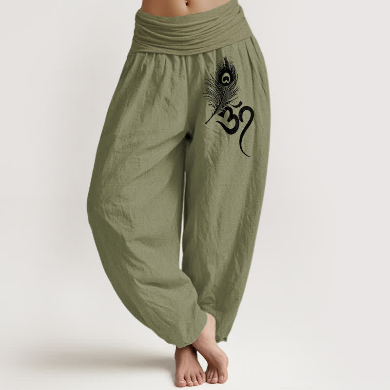 Nimara Ritual Pure Cotton Om Feather Pattern Women's Elastic Waist Harem Pants