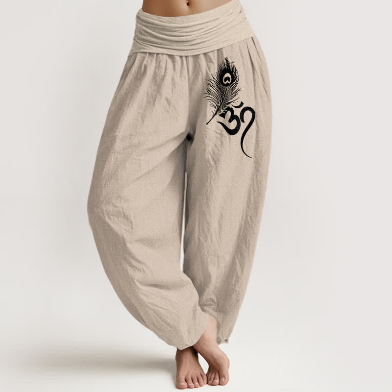 Nimara Ritual Pure Cotton Om Feather Pattern Women's Elastic Waist Harem Pants