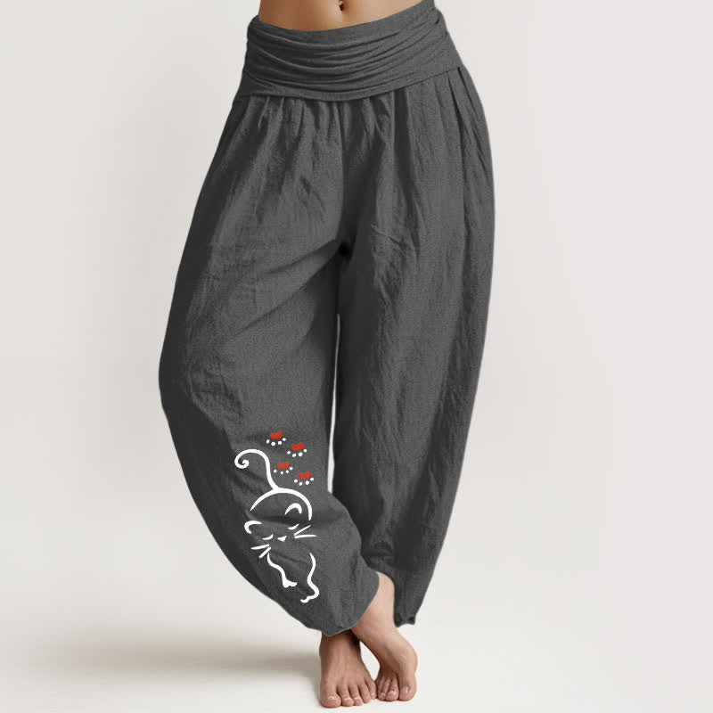 Nimara Ritual Pure Cotton Cat Line Cartoon Pattern Women's Elastic Waist Harem Pants