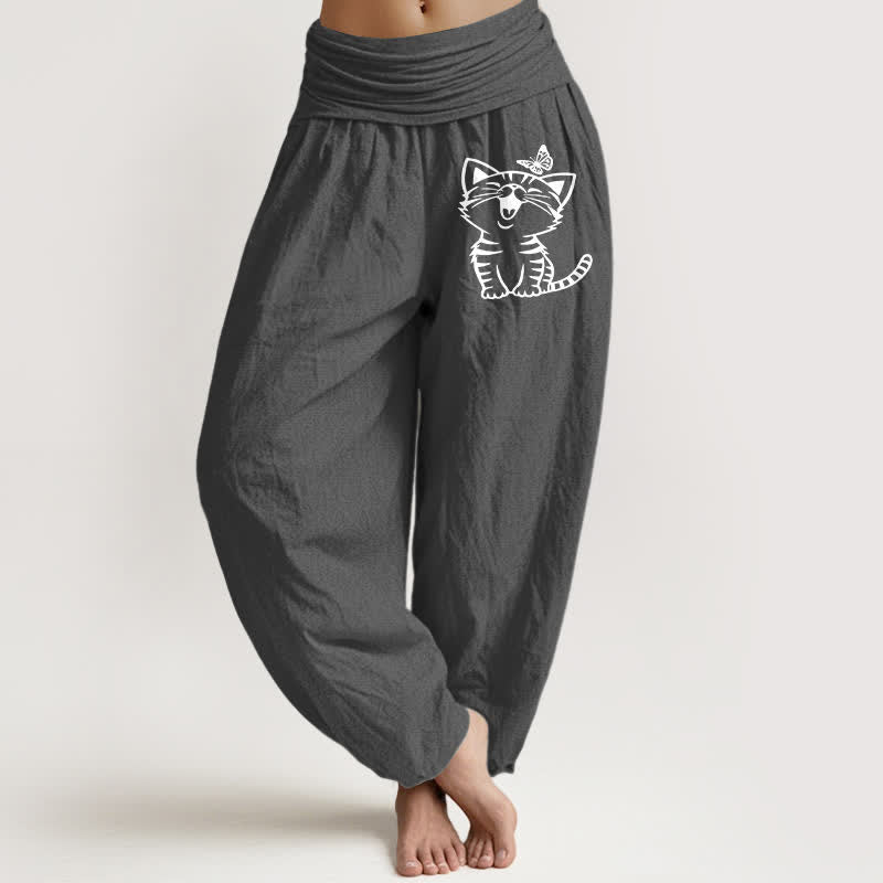 Nimara Ritual Pure Cotton Cat Butterfly Pattern Women's Elastic Waist Harem Pants