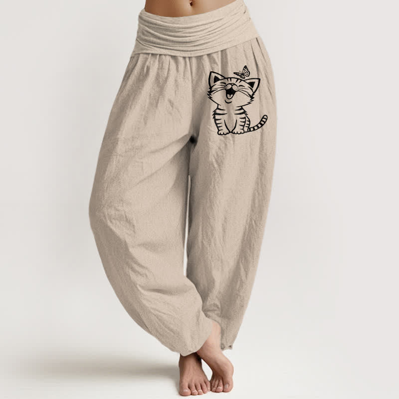 Nimara Ritual Pure Cotton Cat Butterfly Pattern Women's Elastic Waist Harem Pants