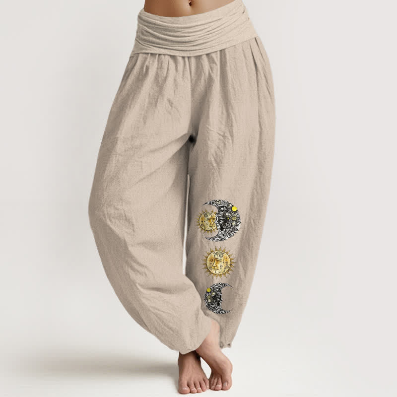 Nimara Ritual Pure Cotton Sun and Moon Pattern Women's Elastic Waist Harem Pants