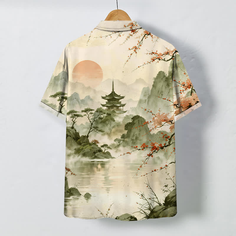 Nimara Ritual Ink Landscape Pavilion Blossom Pattern Buttons Breathable Men's Short Sleeve Shirt