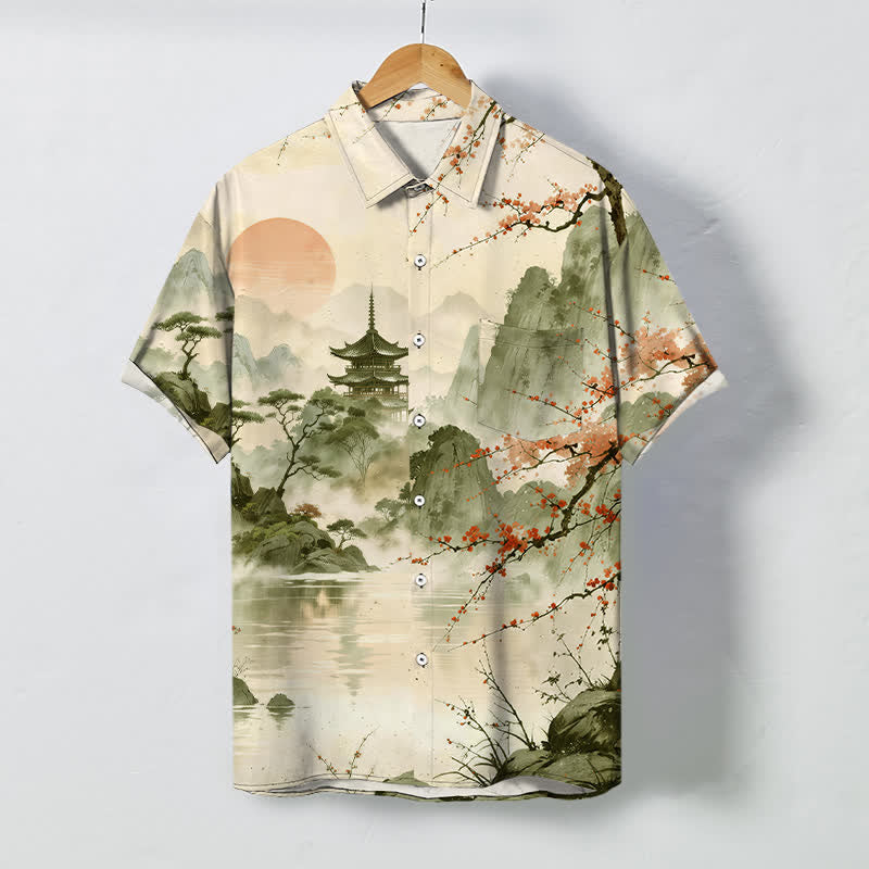 Nimara Ritual Ink Landscape Pavilion Blossom Pattern Buttons Breathable Men's Short Sleeve Shirt